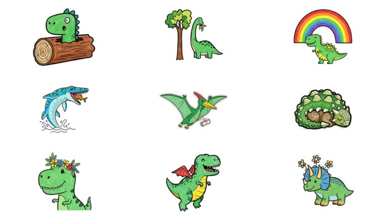 크레용 공룡 AI 일러스트 벡터 이미지 무료 다운로드 | 속이 빈 통나무에 머리가 낀 공룡